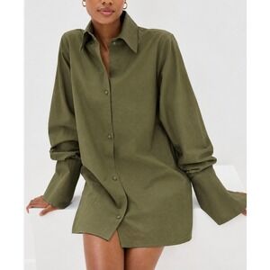 NEW Azeeza Kareena Mini Silk Shirt Dress Olive Green Long Sleeve Button Down S